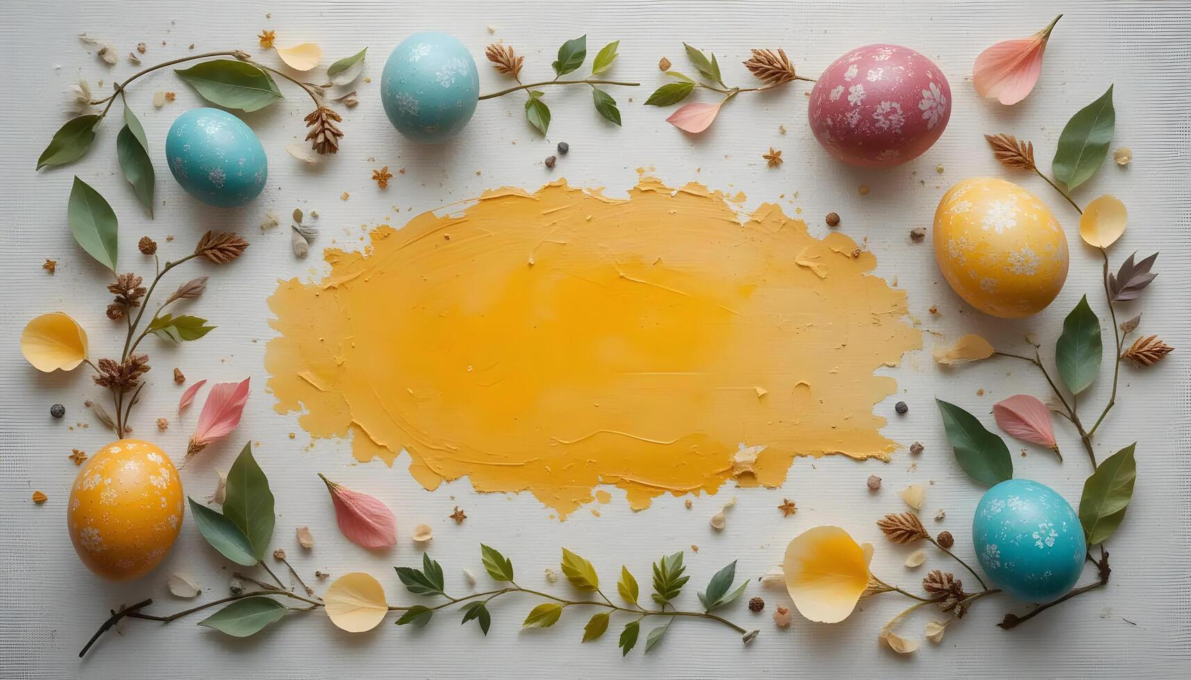 Decorated Eggs Bordering Yellow Space with Floral Vines photo