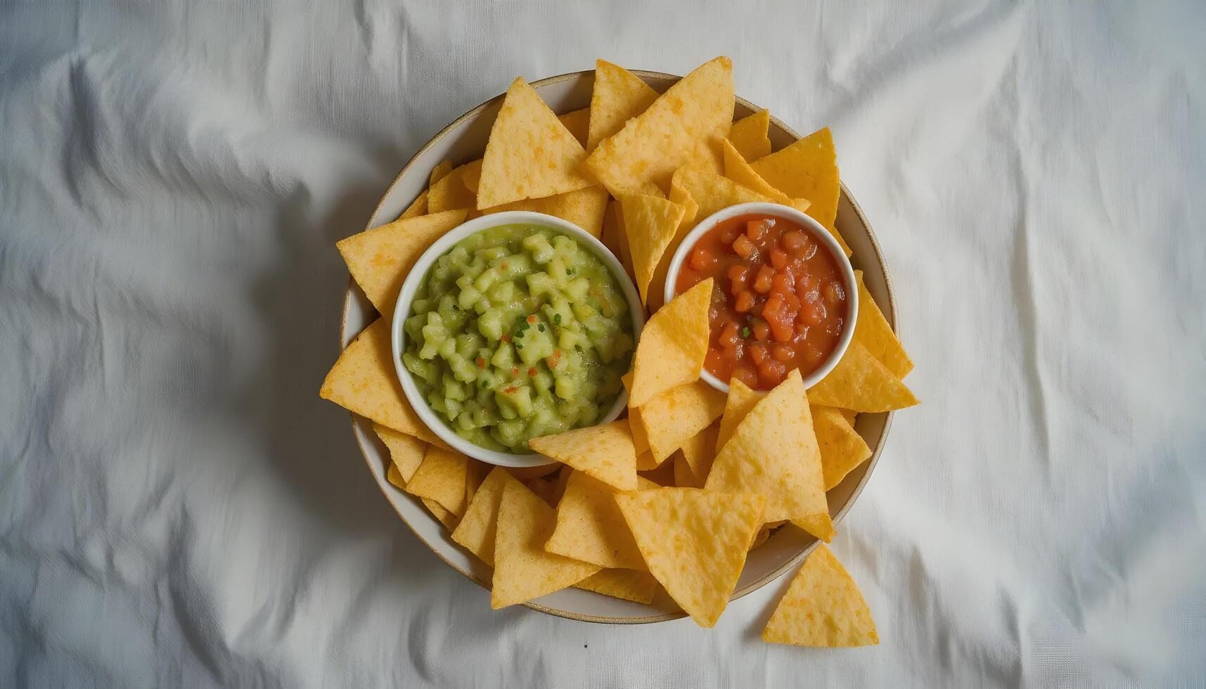 Serving of Tortilla Chips with Guacamole and Salsa Dip photo
