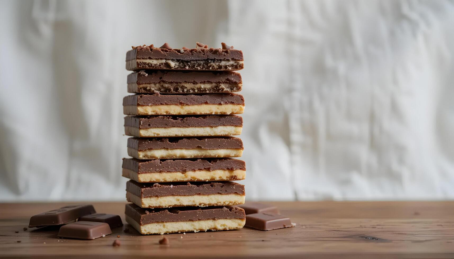 Stack of Chocolate Biscuit Slices on Wooden Surface photo