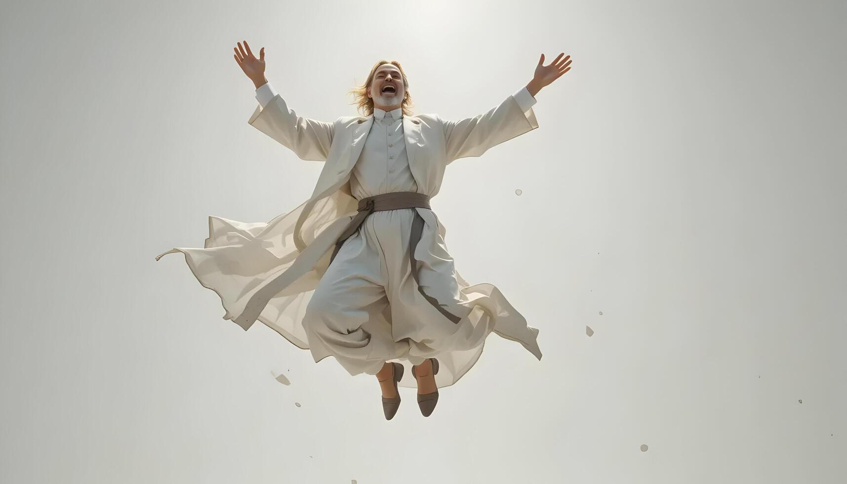 Joyful man jumping in air with arms raised against a light sky photo