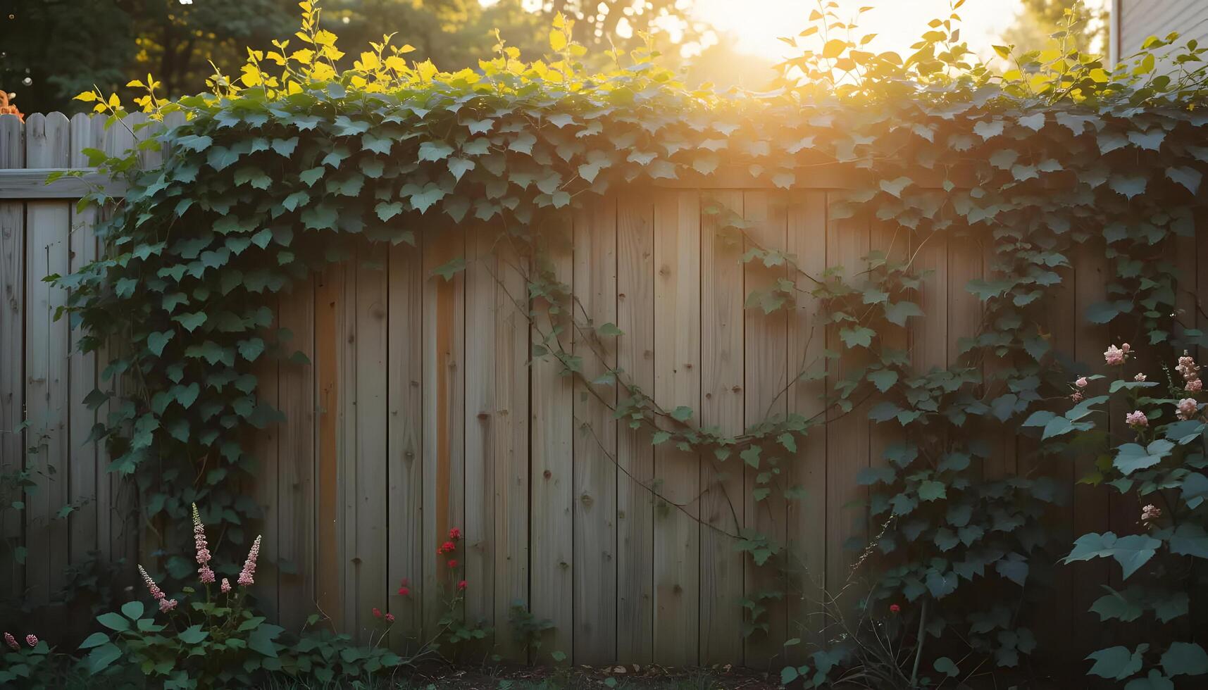 Climbing Vine Plants on Wooden Fence with Sunlight Creates a Peaceful Ambience photo