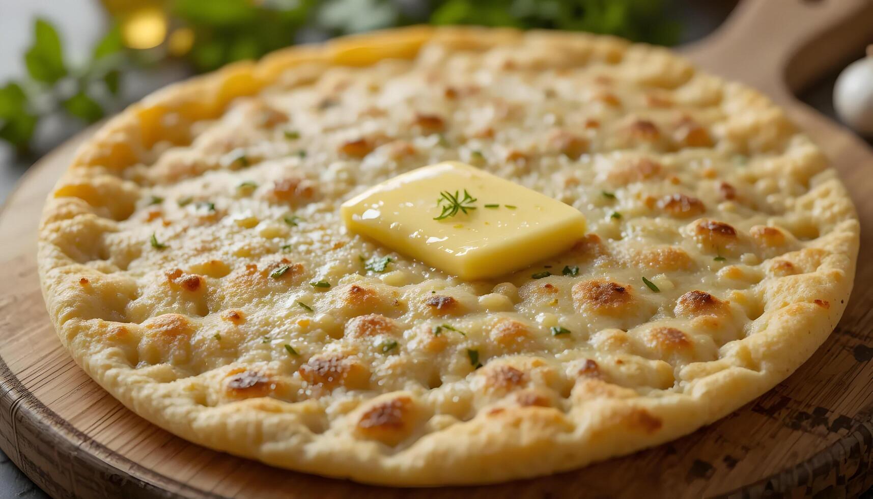 Flatbread with Melting Butter on Wooden Board Ready to Eat photo