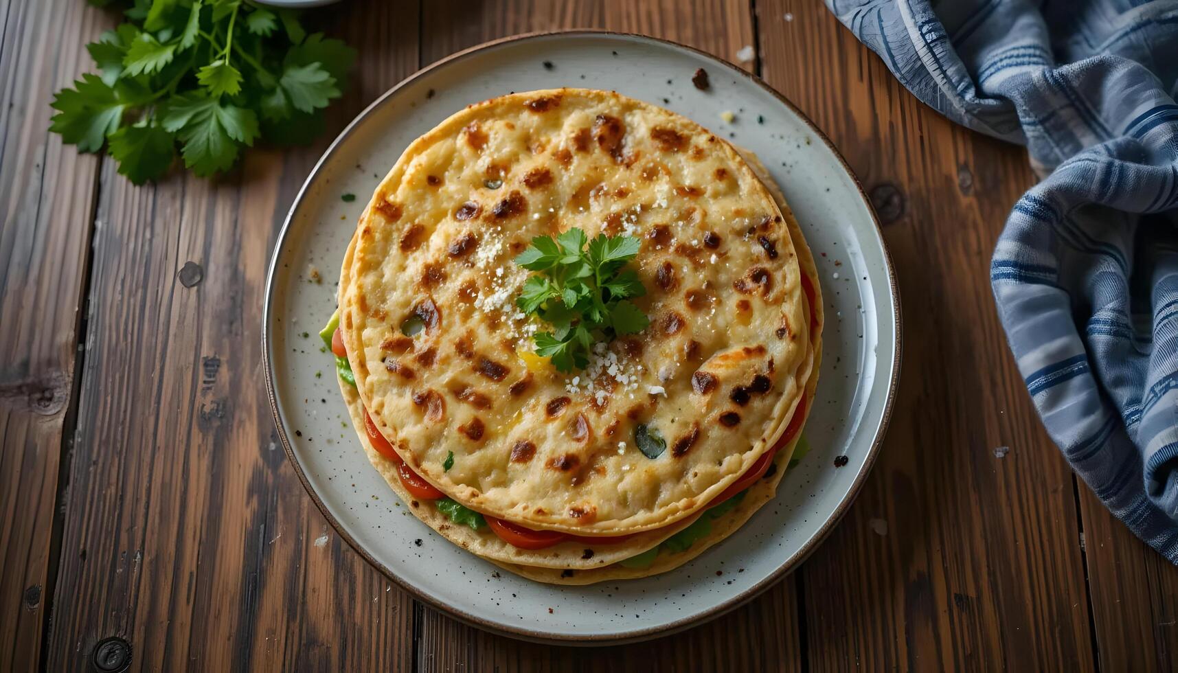 Stack of Quesadillas on a Plate with Parsley and Toppings photo