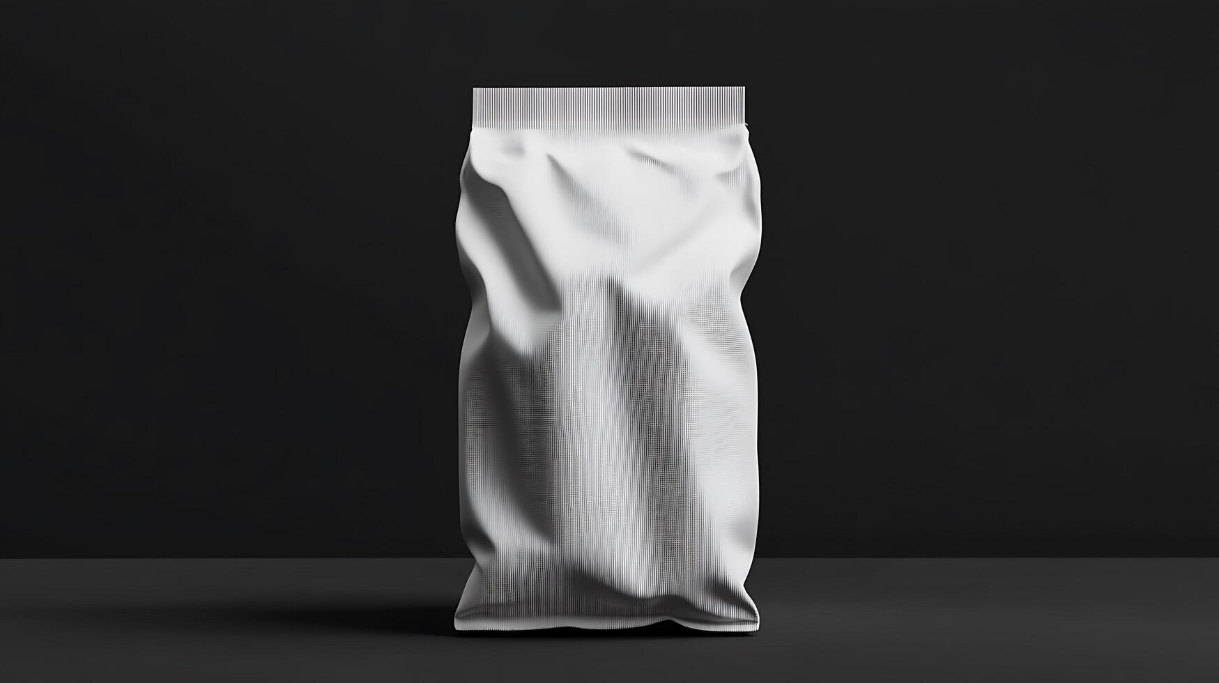 A vertical white pouch stands alone on a dark surface photo
