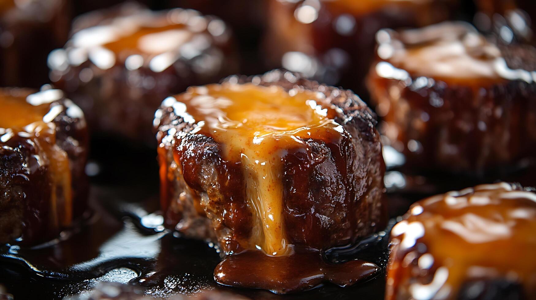 Delicious glazed meat and cheese appetizers in a macro shot photo