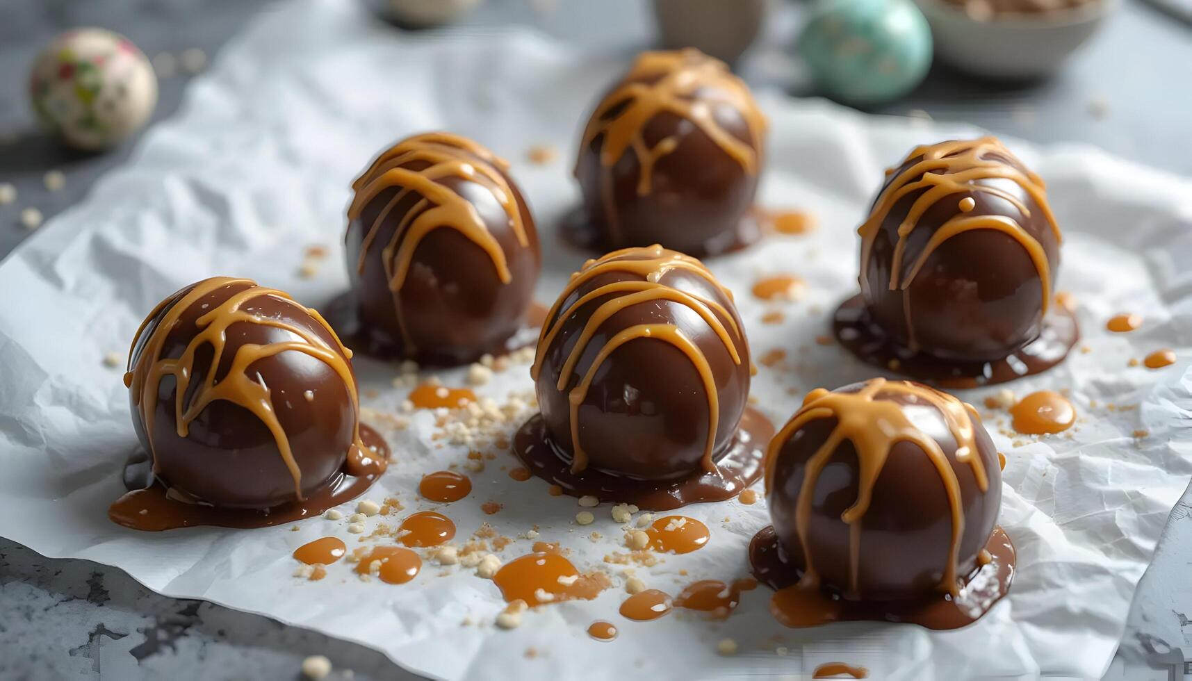 Chocolate Candy Balls with Caramel Drizzle on White Paper photo