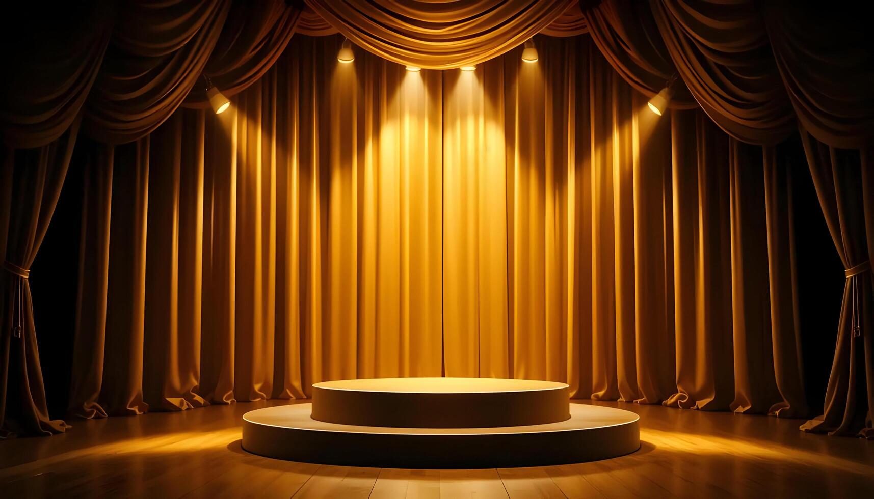 Empty Stage with Gold Curtains and Spotlights Ready for Performance photo