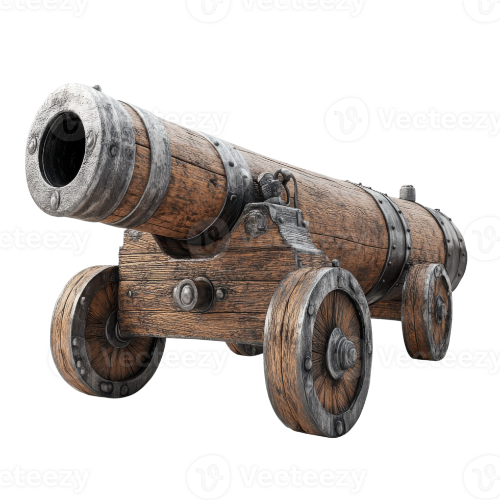 Large wooden cannon displayed on a white background showcasing historical artillery design and craftsmanship details png