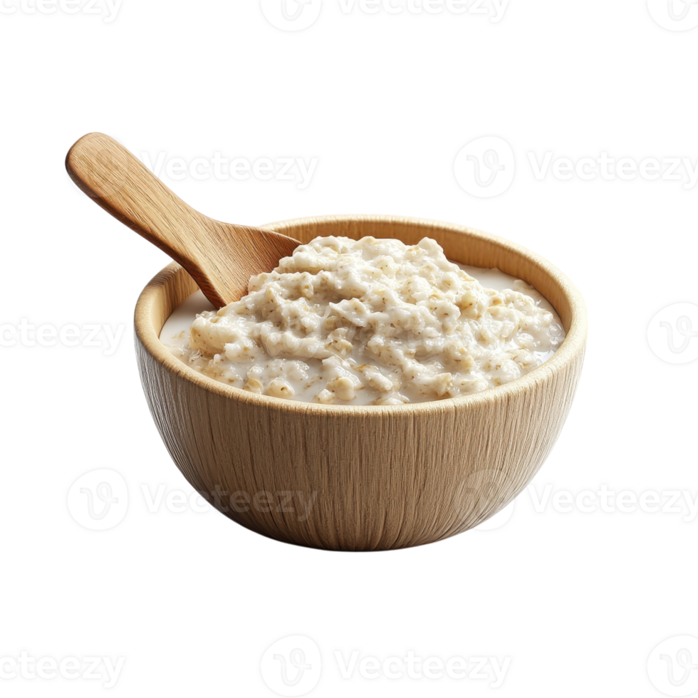 Creamy oatmeal served in a rustic wooden bowl with a wooden spoon for a wholesome breakfast option png