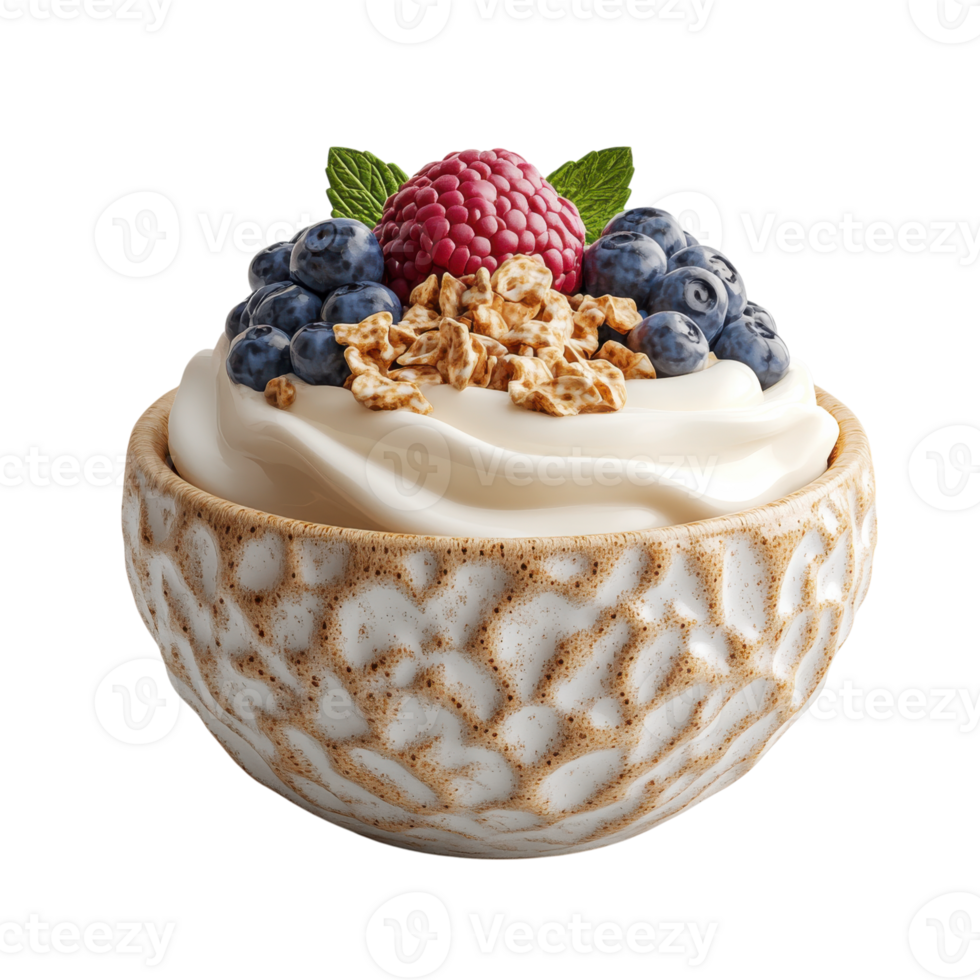 Delicious yogurt bowl topped with fresh berries and granola for a healthy snack option png
