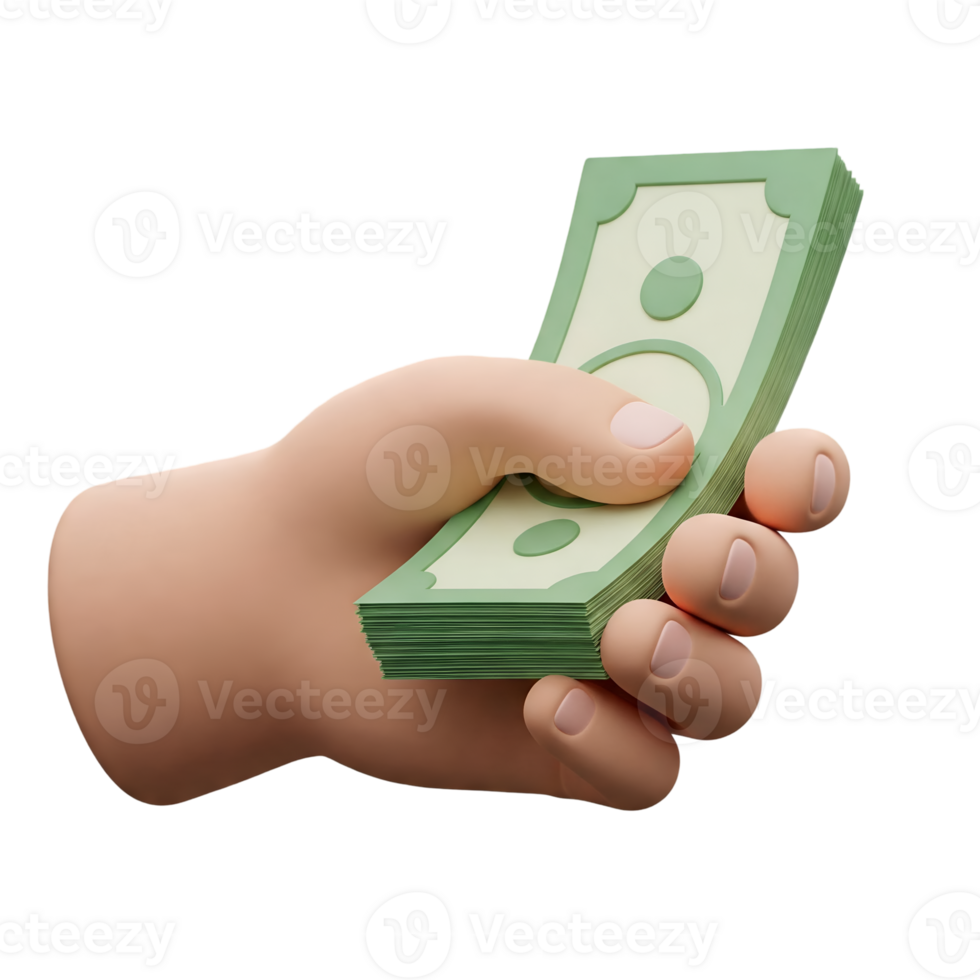 Left hand in 3D rendering with a banknote, for easy and quick purchases and transactions png