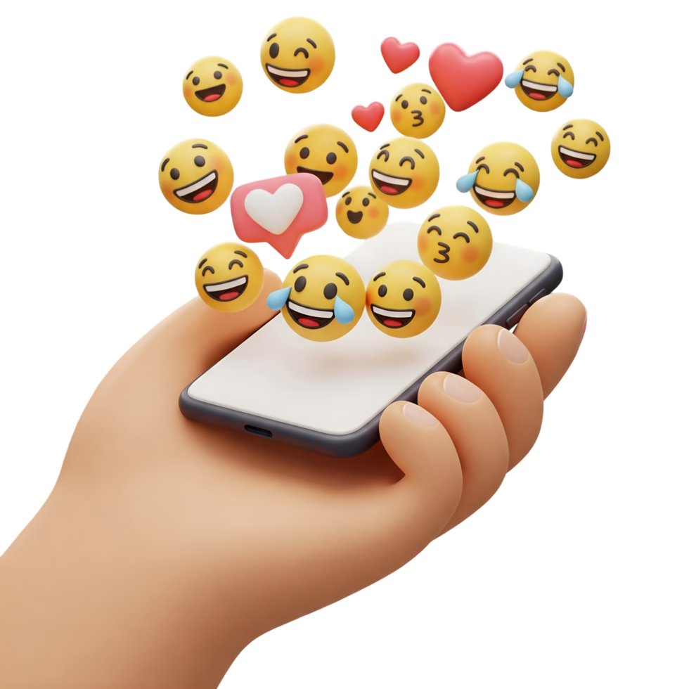 Hand with a 3D phone with emojis, social media and the internet in cartoon form png