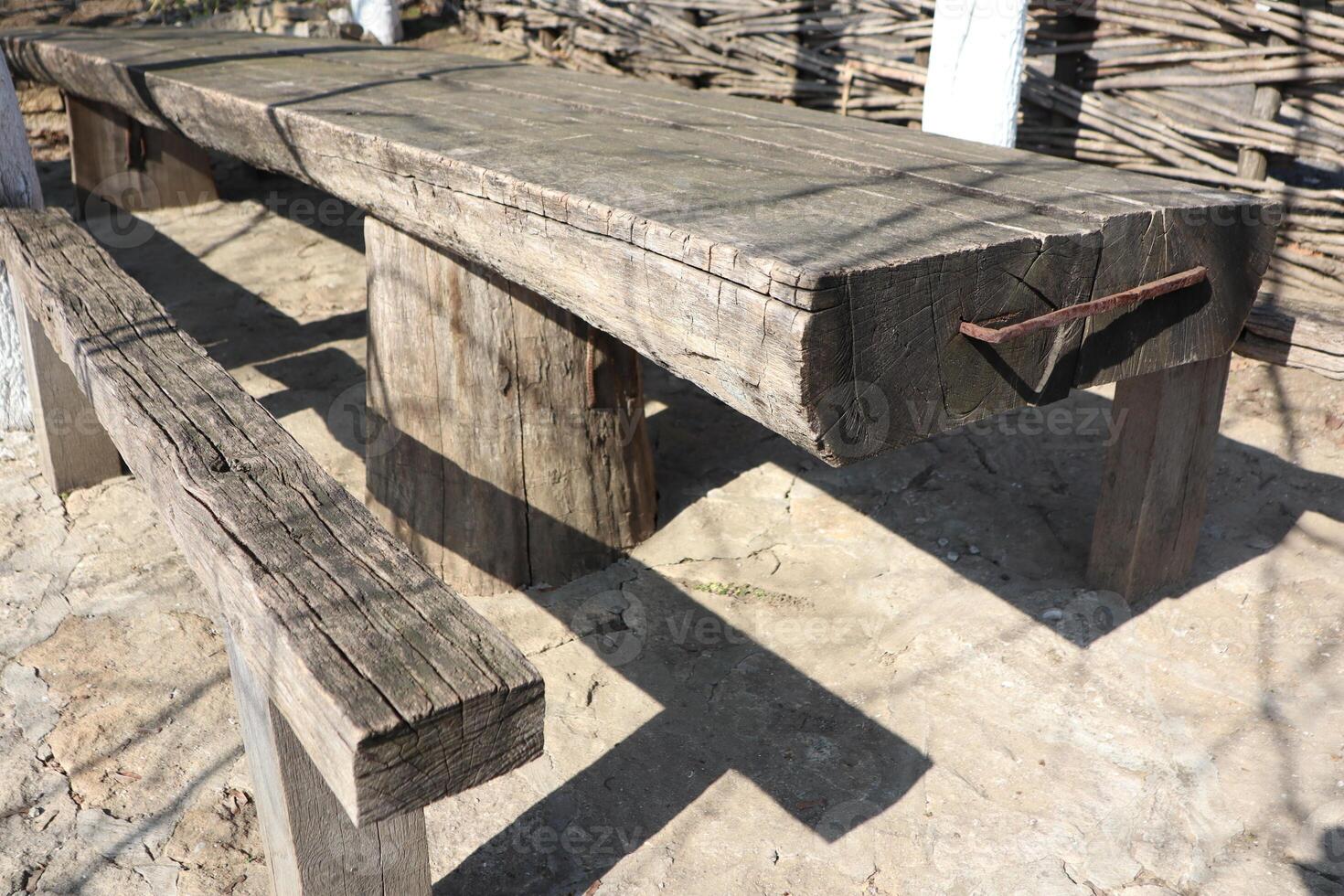Beautiful Rustic Wooden Table and Benches Perfect for Outdoor Settings and Gatherings photo
