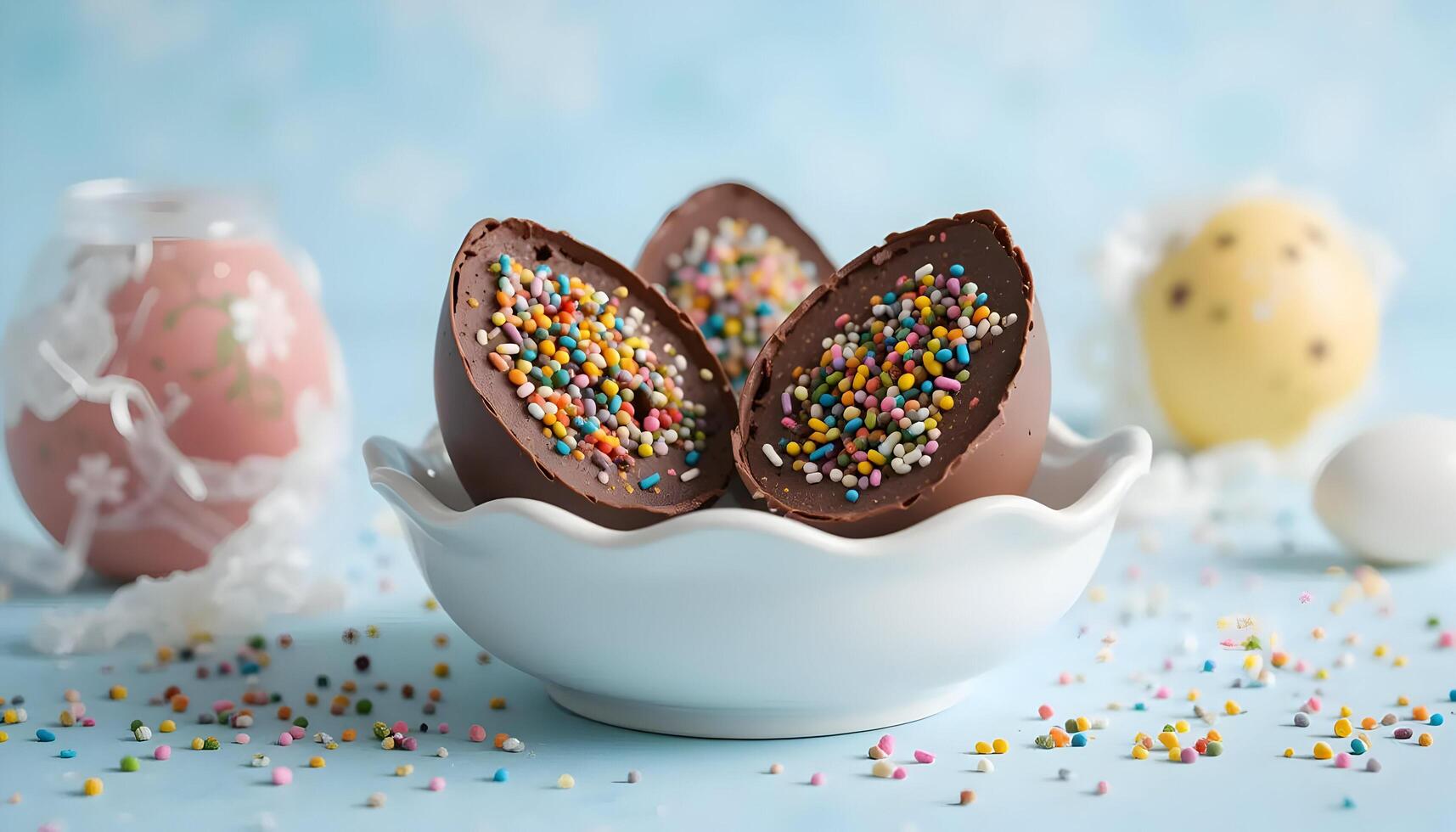Chocolate Eggs Filled with Sprinkles in White Bowl photo
