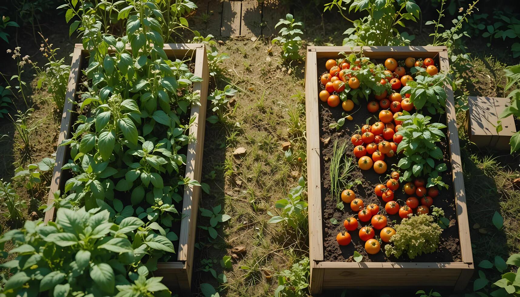 Growing Fresh Basil and Tomatoes in Raised Garden Beds Outdoors photo