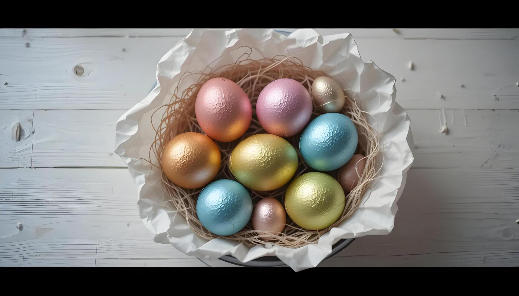 Colorful Eggs in a Nest on White Wooden Table Overhead View photo