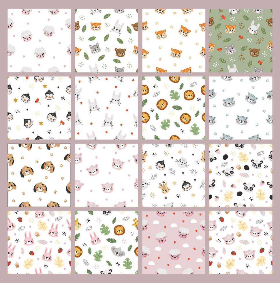 Animals pattern, cute animals, kids pattern, cartoon, seamless pattern, big set vector
