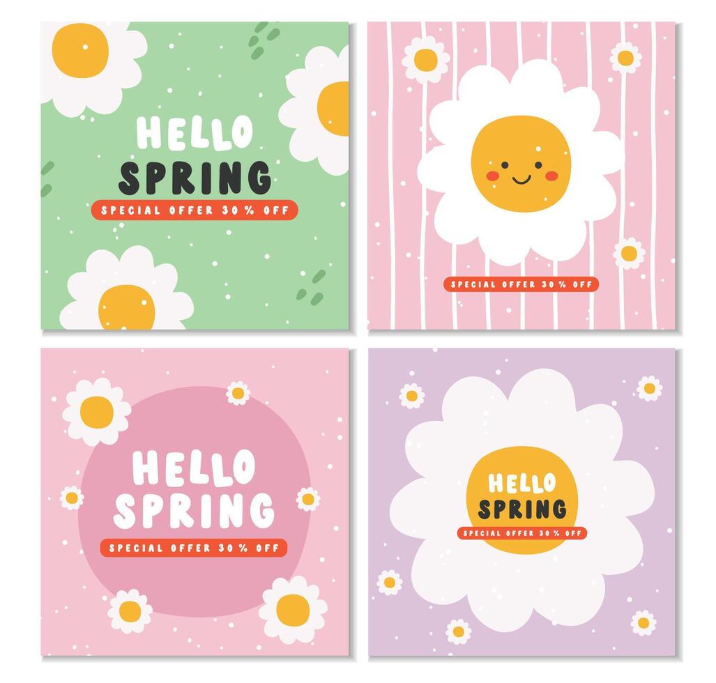 Spring greeting card, posters with spring cute flowers, Sale cards, Cartoon style vector