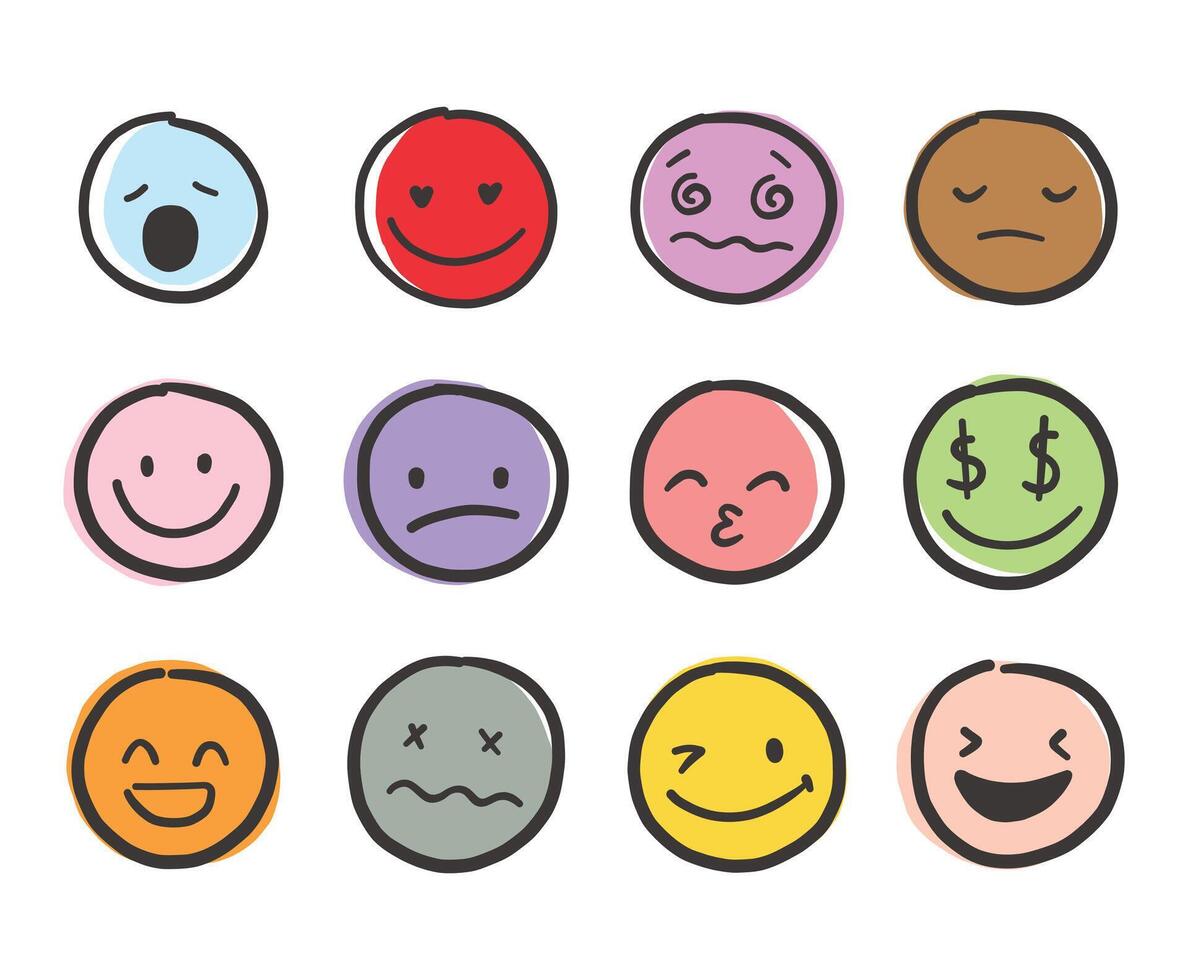 Hand draw emoticon face set. Doodle collection of different colors emoticon illustration vector
