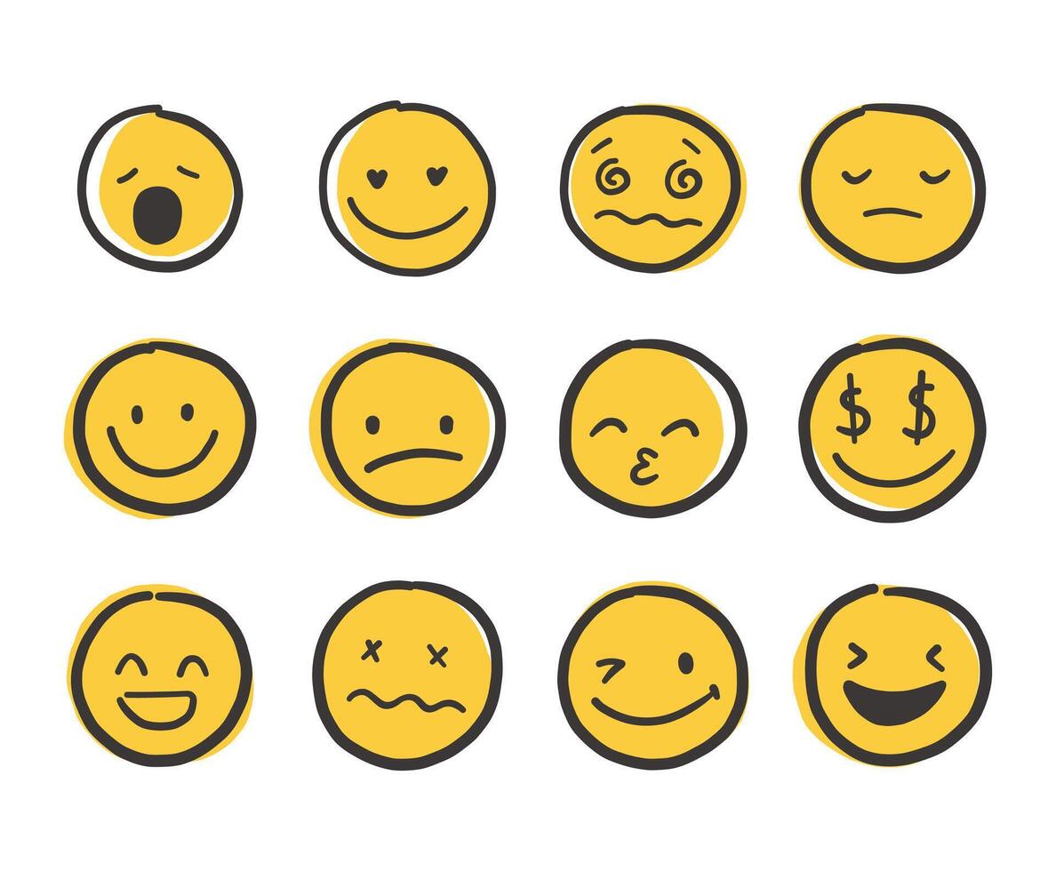 Hand draw emoticon face set. Doodle collection of different yellow emoticon illustration vector