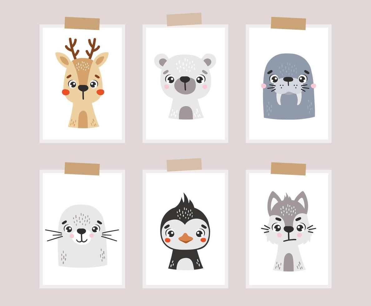 Cute animals set isolated, funny animals collection, kids illustration, cartoon style, penguin vector