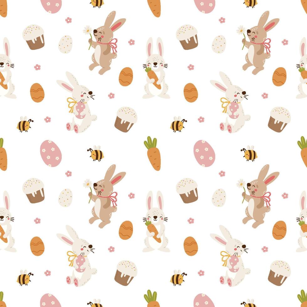 Easter seamless pattern, egg, bunny, cake, chicken, plants, eggs, spring vector