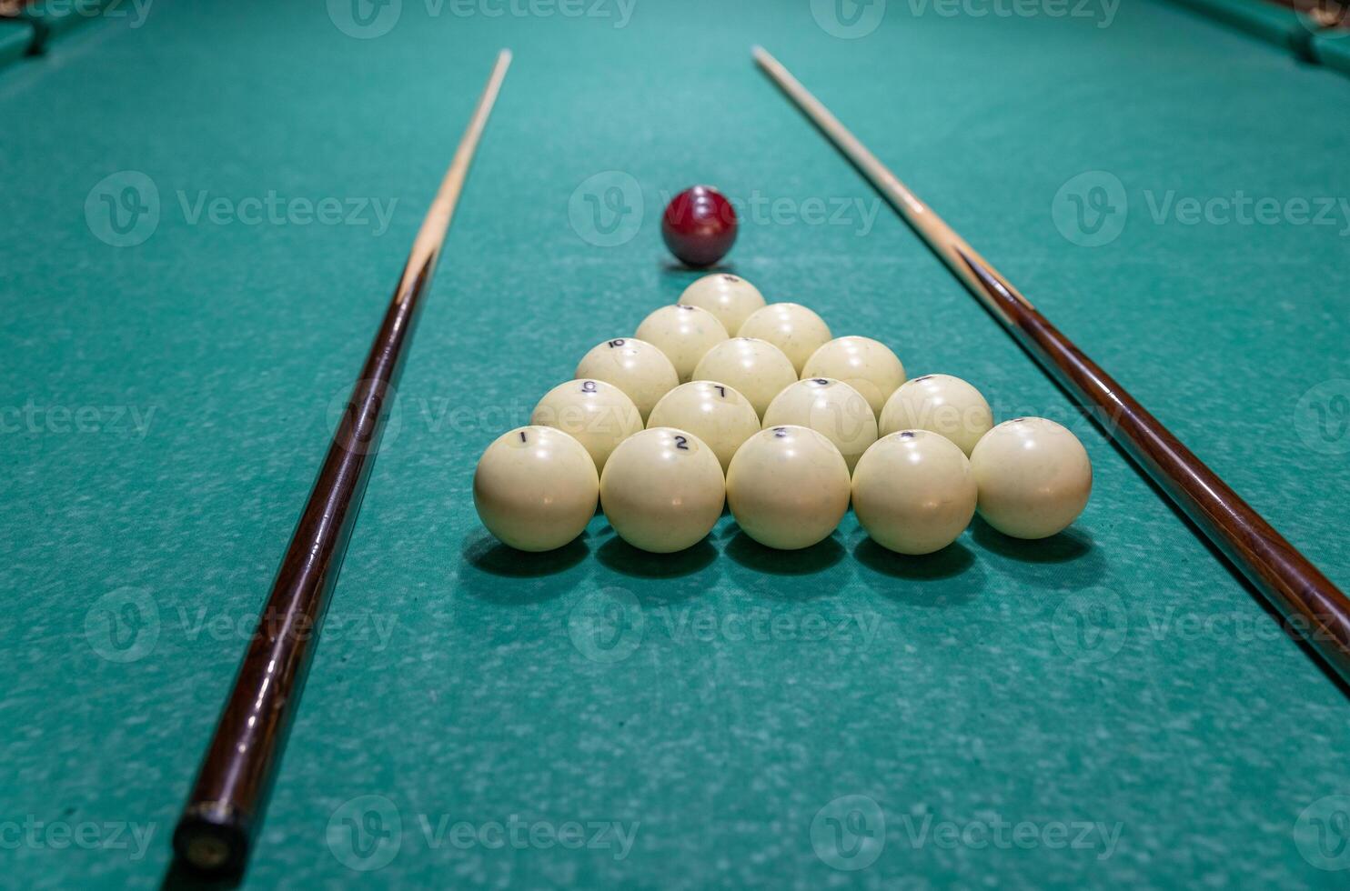 Billiards balls on a pool table photo