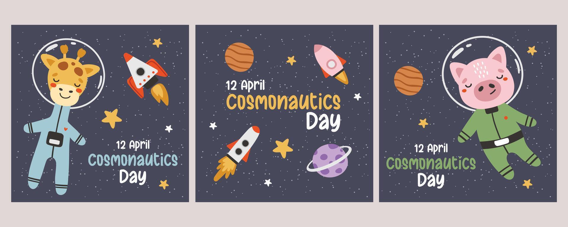 Cute animals set astronauts in space, set, with planets, stars and spaceships. Flat design blue, invitation vector