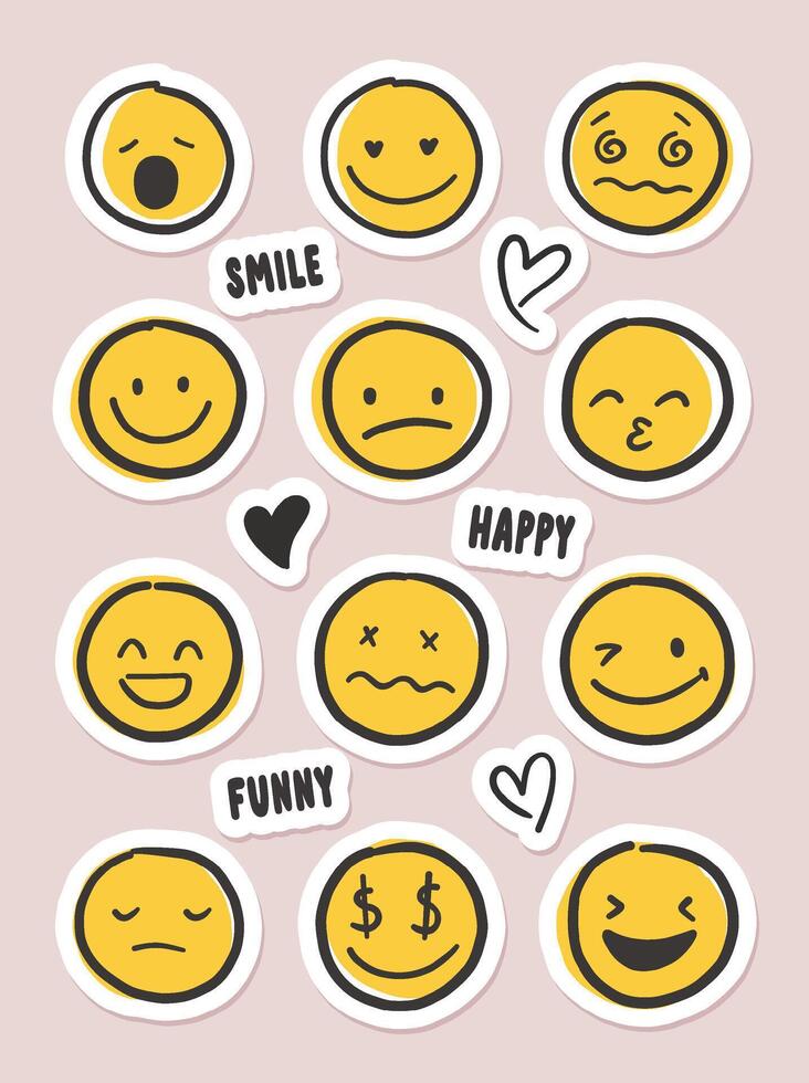 Hand draw emoticon face set. Doodle collection of different black emoticon illustration, stickers vector