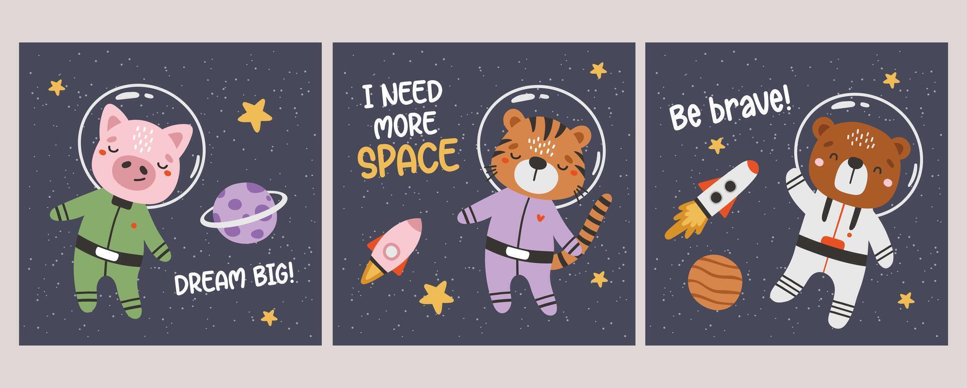 Cute animals astronauts in space, set, with planets, stars and spaceships. Flat design blue, i need space vector