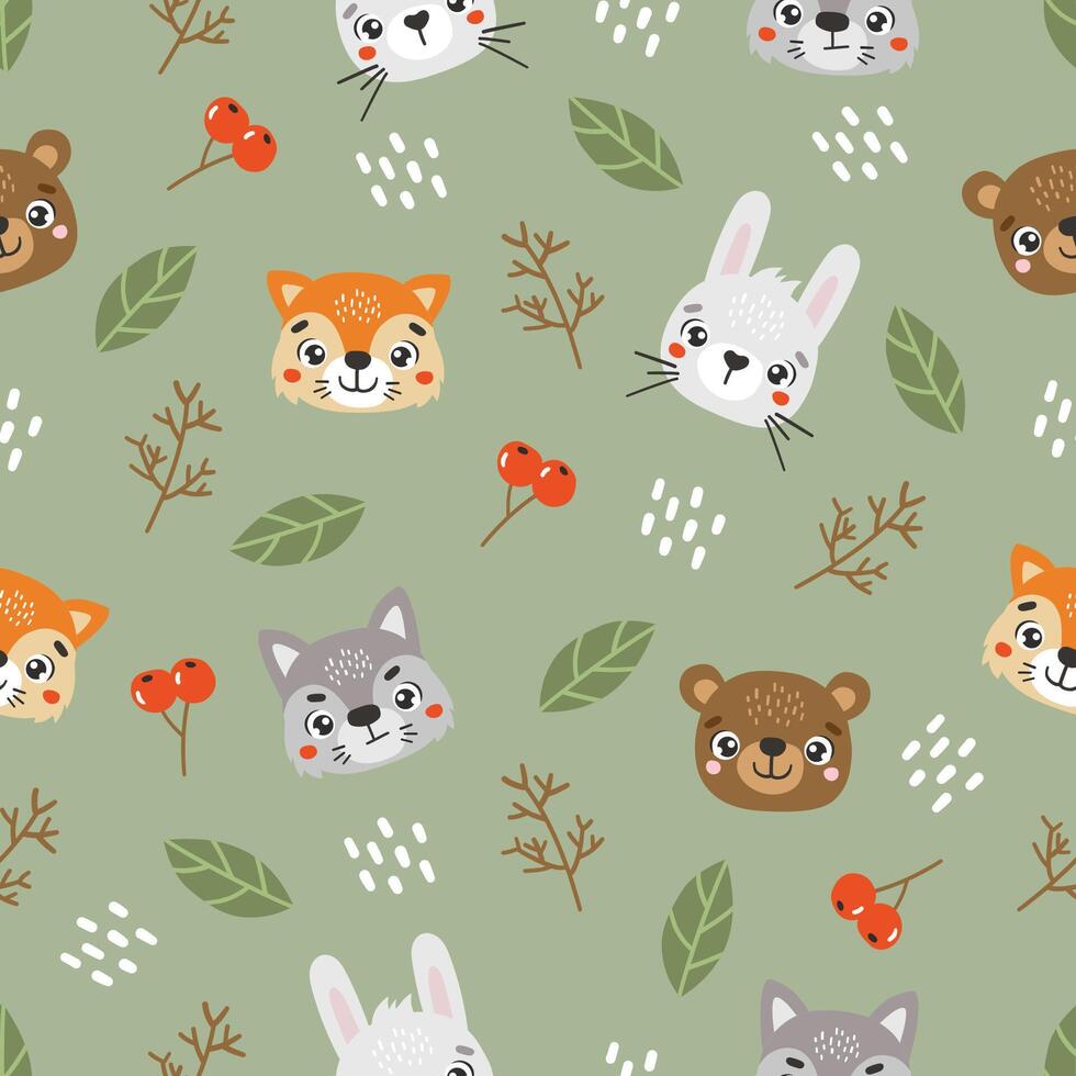 Animals pattern, cute animals, kids pattern, cartoon, seamless pattern, green vector