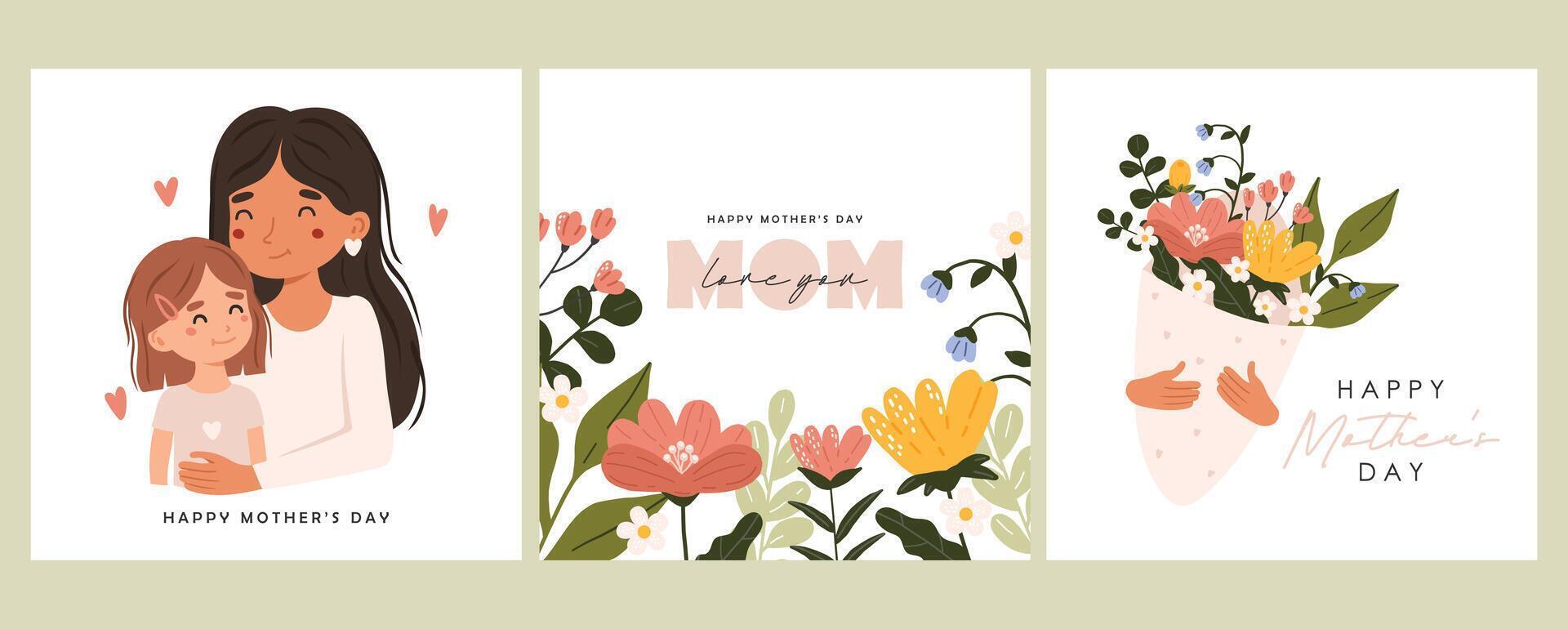 Set of Mother's day greeting cards, poster with spring cute flowers, invitation vector