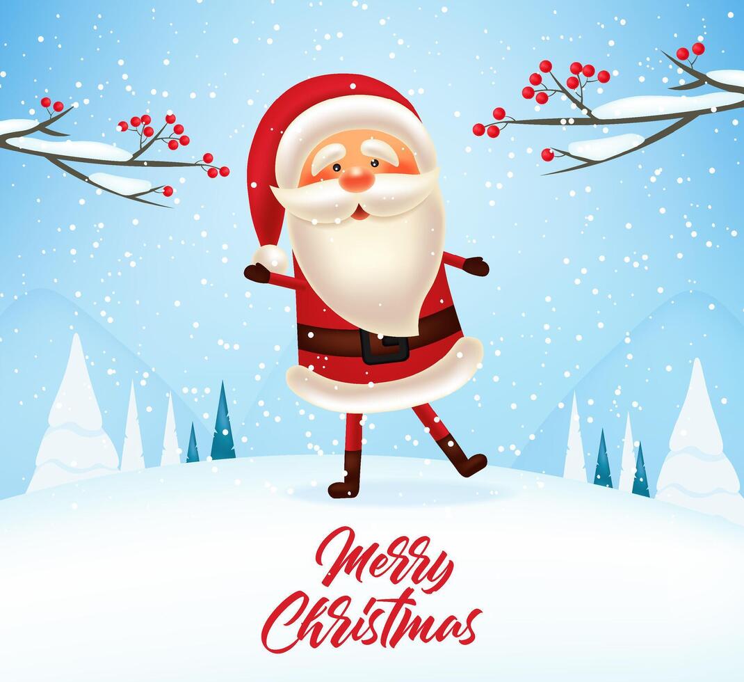 Happy Santa Claus, merry christmas and happy new year, red background with snowflakes, realistic santa character, winter banner, holiday background, winter vector