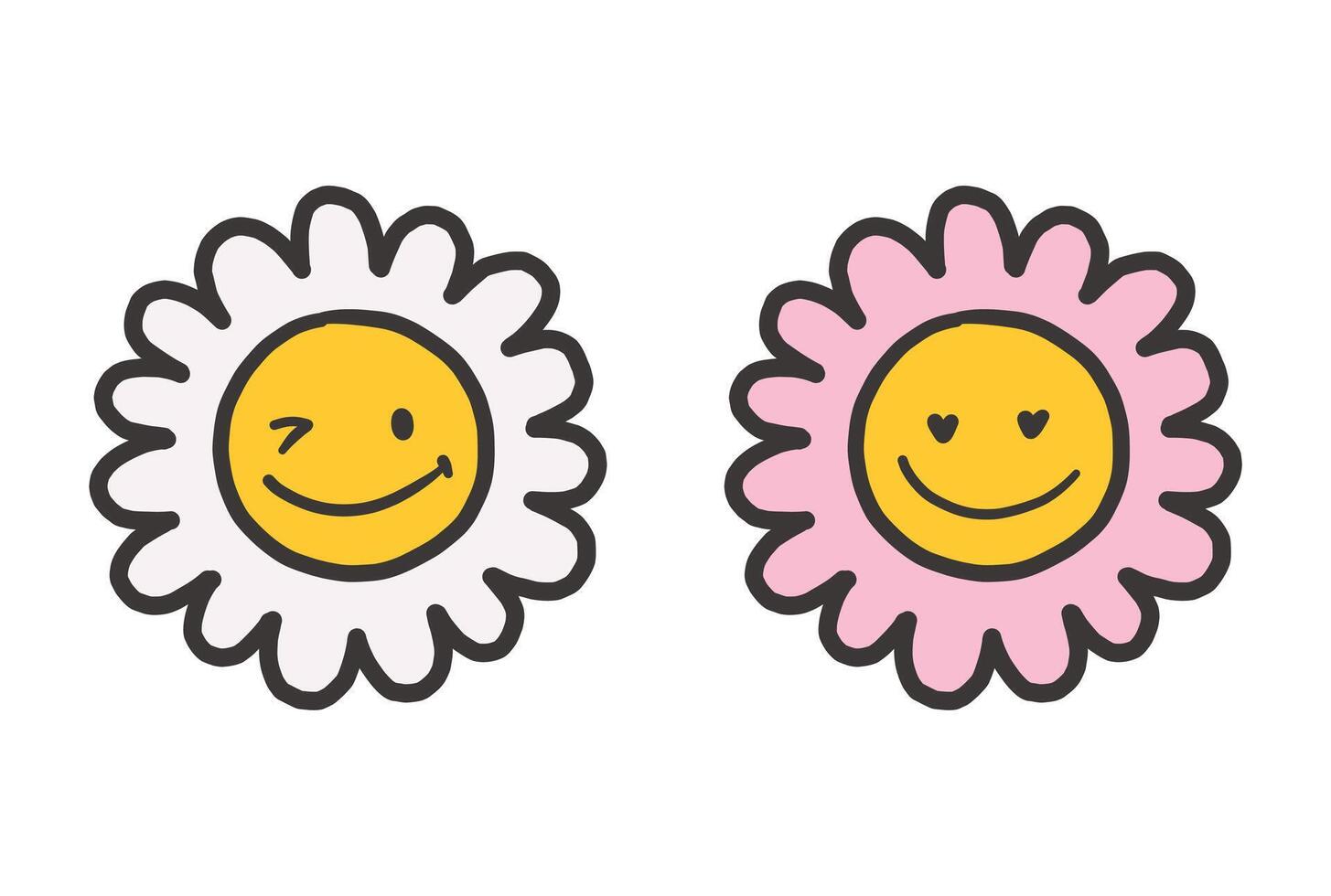 Hand draw emoticon face set. Doodle collection of different black flowers illustration vector