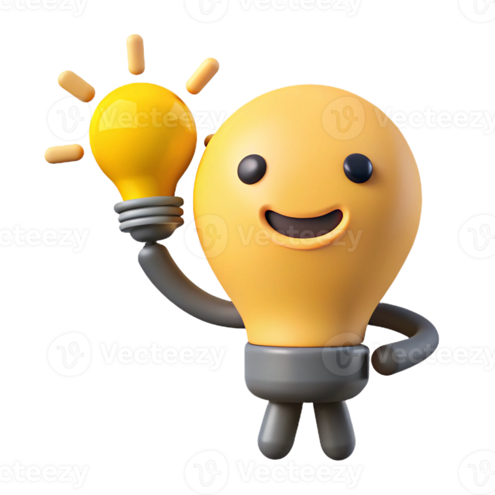 striking unforgettable Lightbulb character with a bright idea, flat yellow, with Scalable Design. png