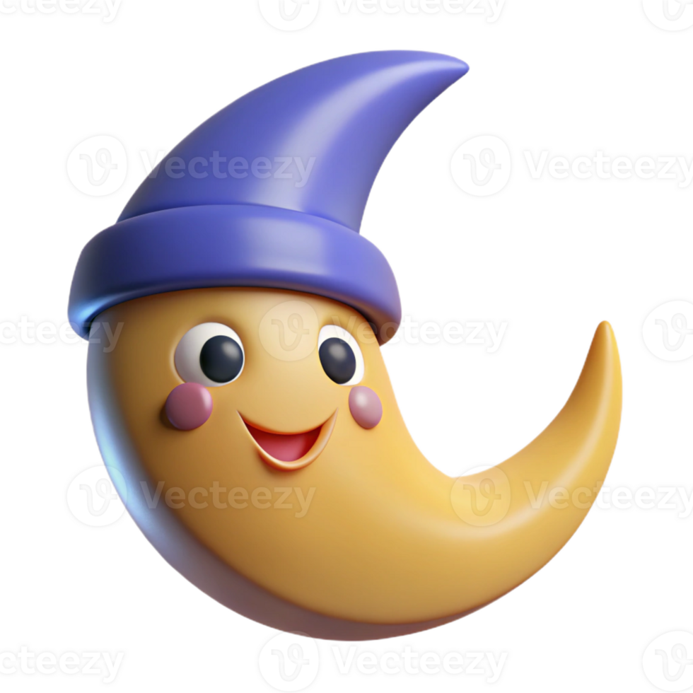 sumptuous playful futuristic Smiling crescent moon character with pointy hats. Minimal design, flat color, crisp edges with Scalable Design. impeccable png