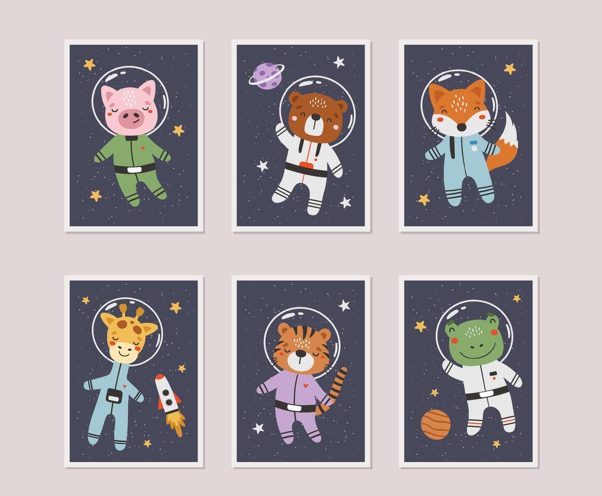 Cute animals astronauts in space, set, with planets, stars and spaceships. Flat design blue vector