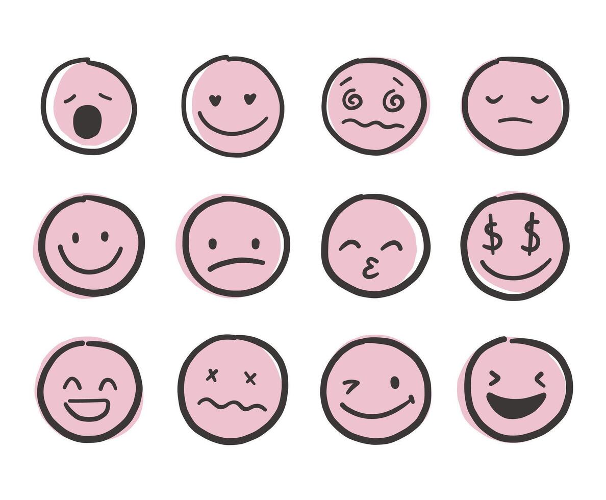 Hand draw emoticon face set. Doodle collection of different pink emoticon illustration vector