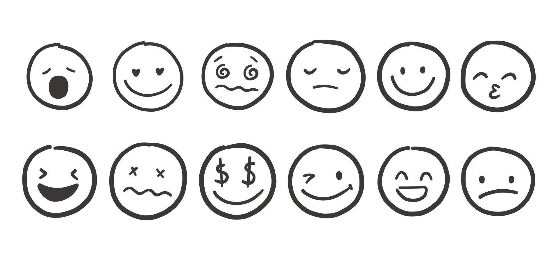 Hand draw emoticon black face set. Doodle collection of different black emoticon illustration vector