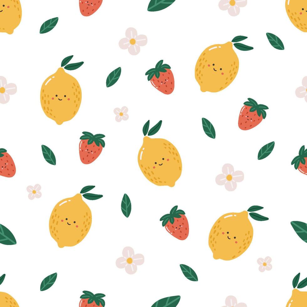 Fruits pattern, cute fruits with face, kids pattern, summer seamless pattern, lemon vector