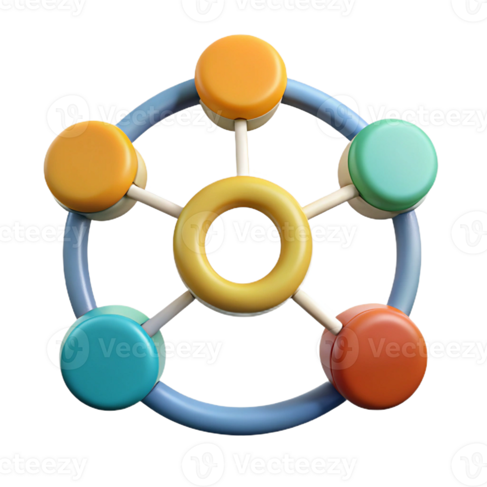 playful enchanting Five interconnected circles representing overlapping data sets. Clean lines, flat color with Scalable Design. high quality png