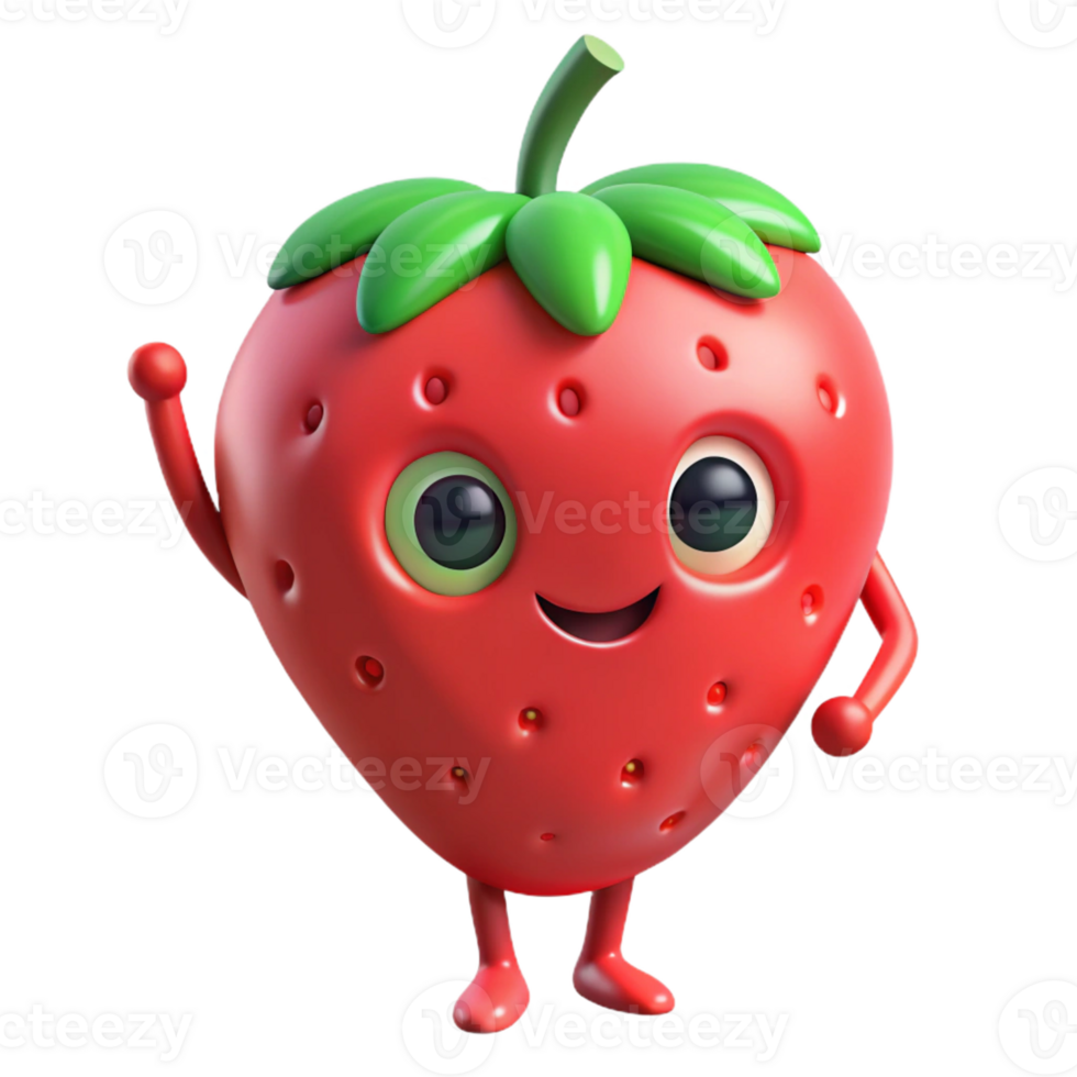 intense dazzling Strawberry character with a stem, flat red and green, clean lines with Scalable Design. detailed png