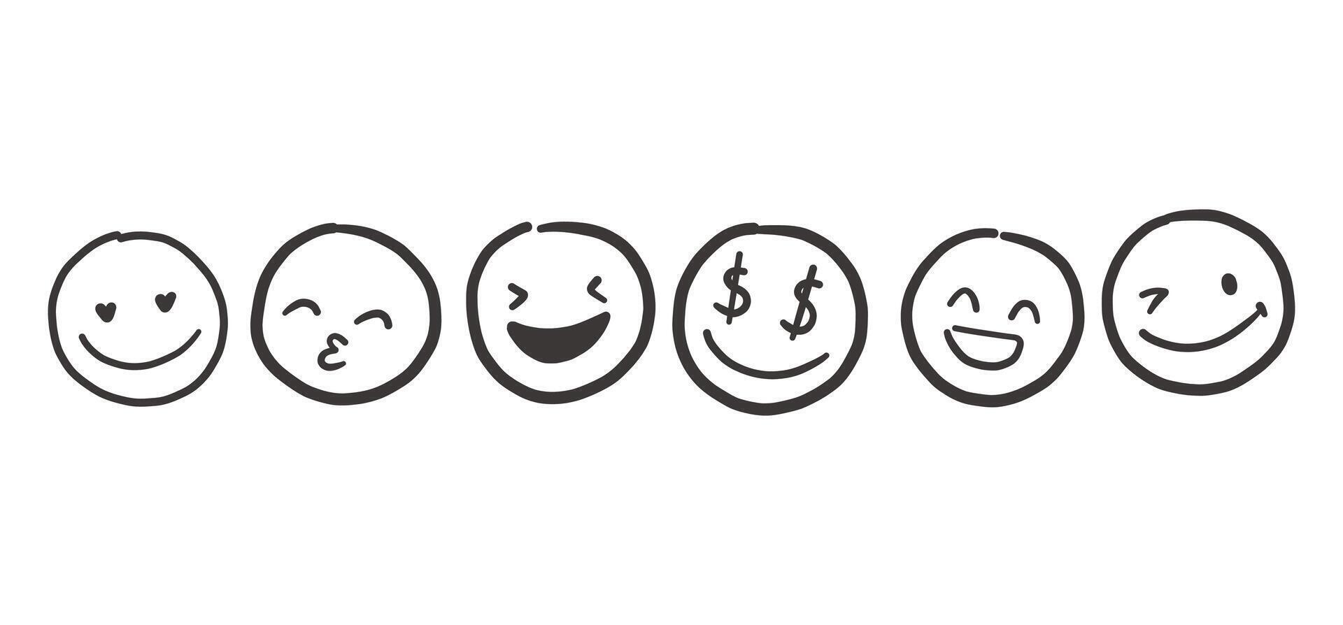 Hand draw emoticon face set. Doodle collection of different black emoticon illustration, banner vector