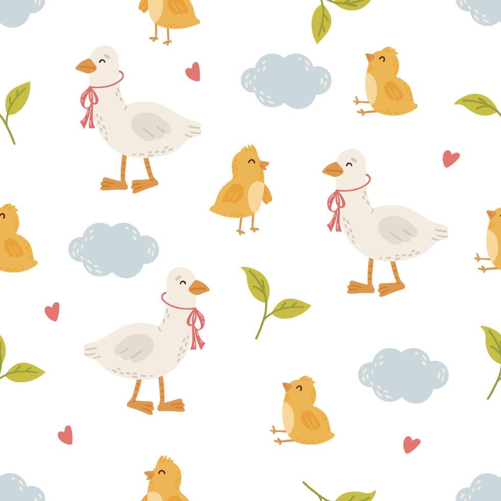 Easter seamless pattern, egg, bunny, cake, chicken, plants, eggs, duck vector