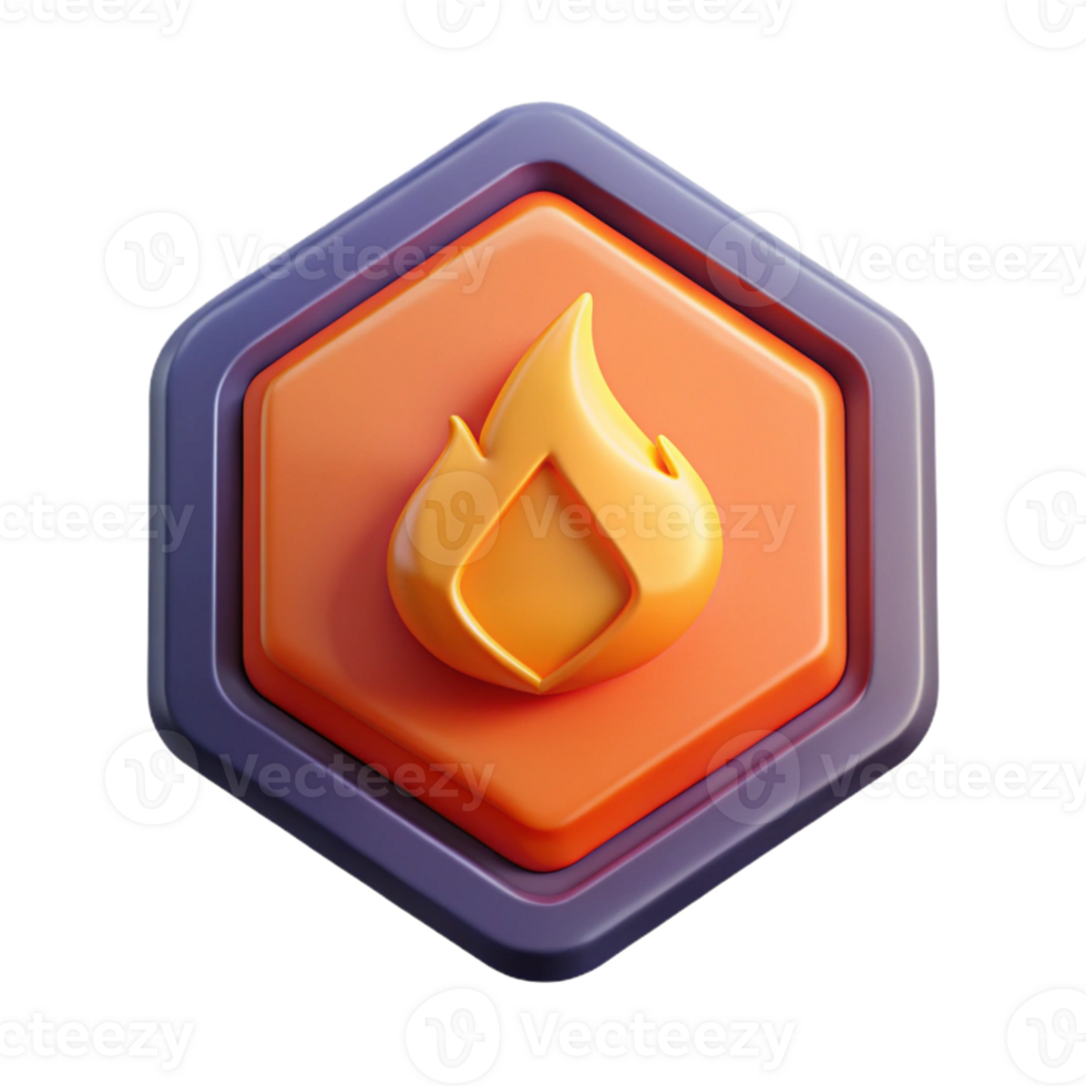 reflective enchanting Hexagonal badge with a flame. Crisp edges, single-weight stroke, with Scalable Design. expertly shot png