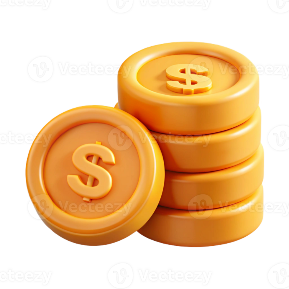 spectacular dramatic surreal Stack of three coins with dollar signs. Crisp edges, solid colors, with Scalable Design. crisp png