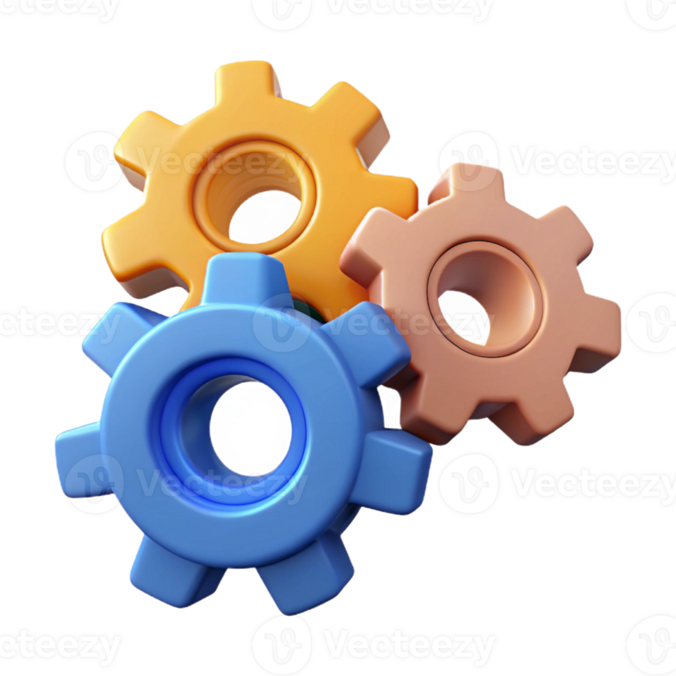 remarkable art deco Three interconnected gears representing a process. Flat color, clean lines, minimal with Scalable Design. original png