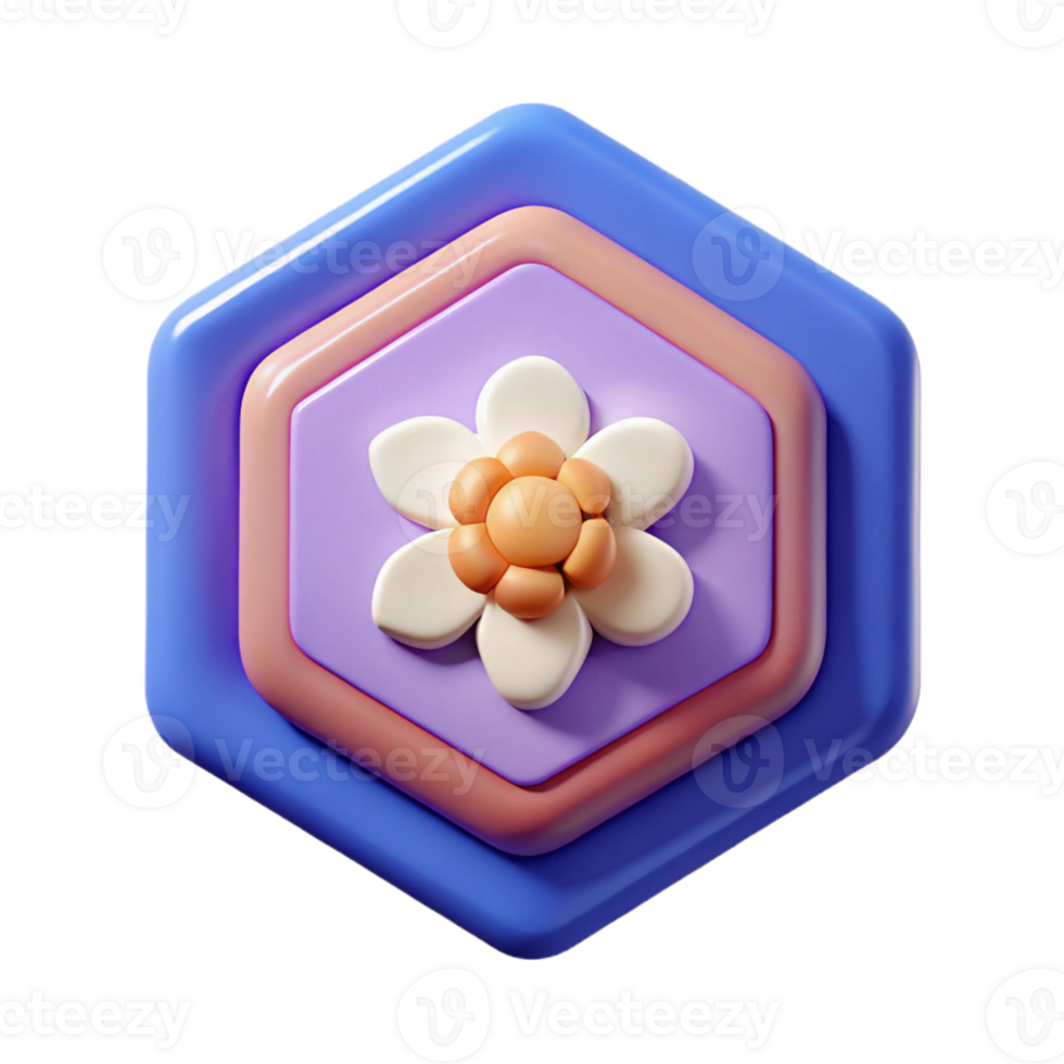 vibrant artistic Hexagonal badge with a stylized flower. Clean lines, minimal design, with Scalable Design. masterfully captured png