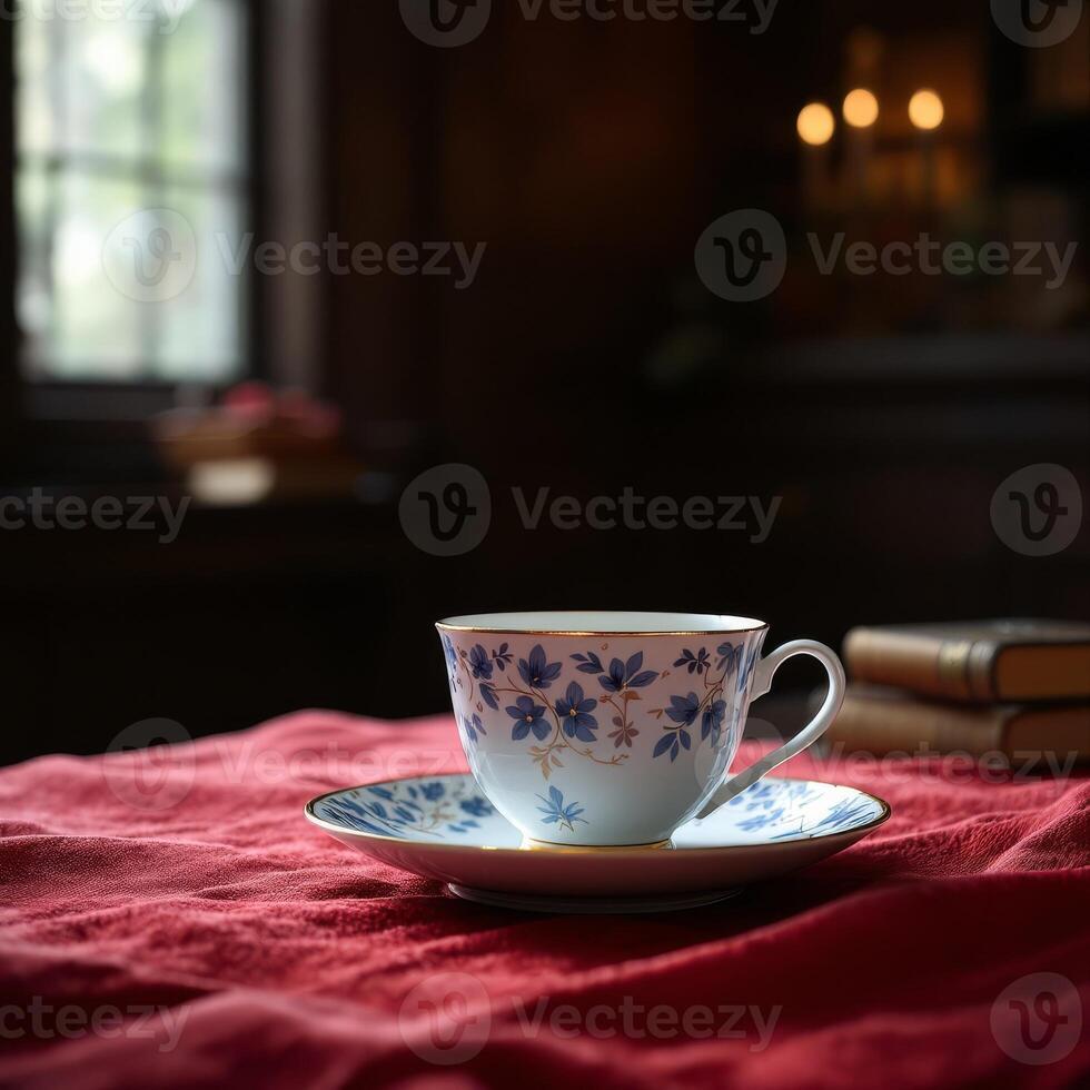 Elegant teacup and saucer with blue floral pattern on red cloth photo