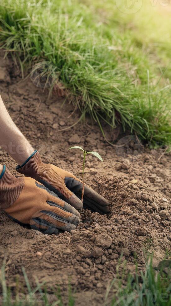 Hands in gloves planting a small seedling in soil photo